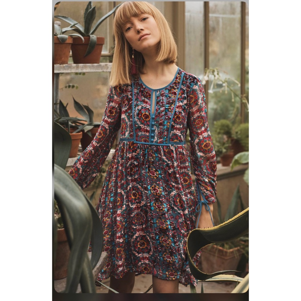 Anthropologie Blue Raspberry Floreat Abia Velvet Peasant dress